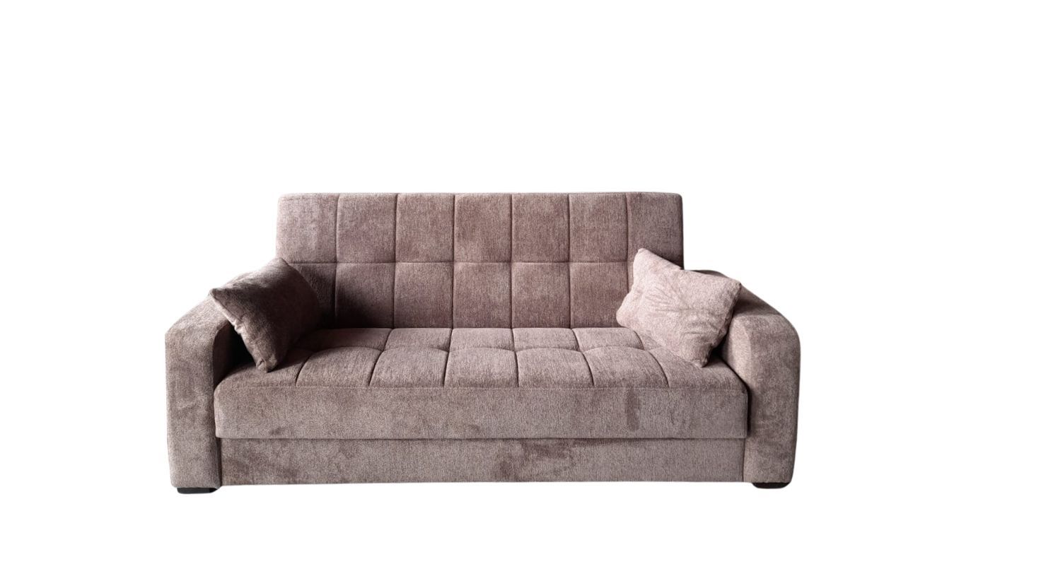 Alisona sofa bed 130 x 190 cm, sofa bed with linen box. In brown and grey fabric. Bonnel springs.