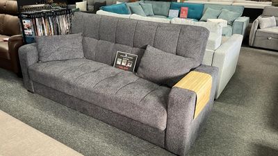 Sofabed with linen storage compartment "Alisona," sleeping area 130 x 190 cm. Gray sofa with Bonnel springs. Manx Mēbeles