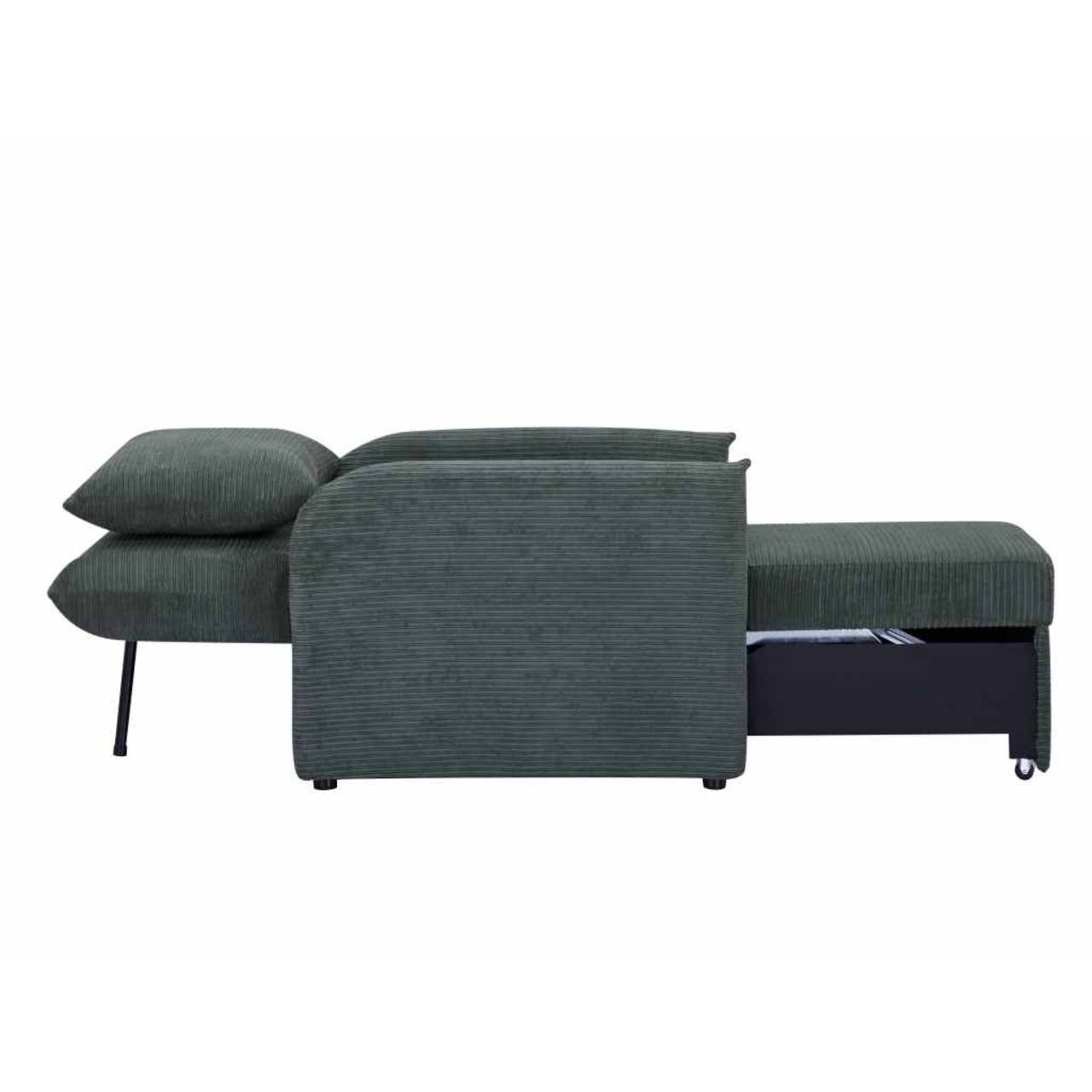 Compact pull-out chair in two colors: green or gray. Various backrest positions. Dimensions: 84 x 102 x 97 cm, Manx Mēbeles