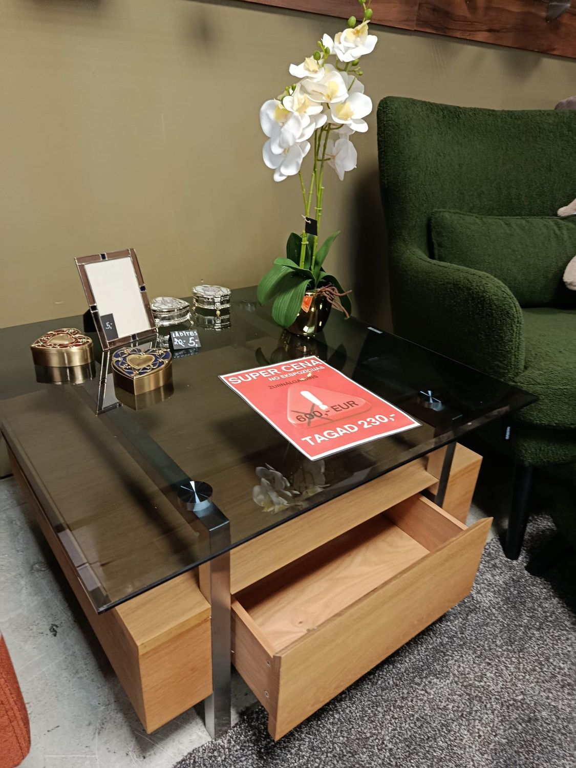 Oak coffee table with drawer and dark glass top. Height 45 cm, 80 x 80 cm. Manx Furniture, Jelgava