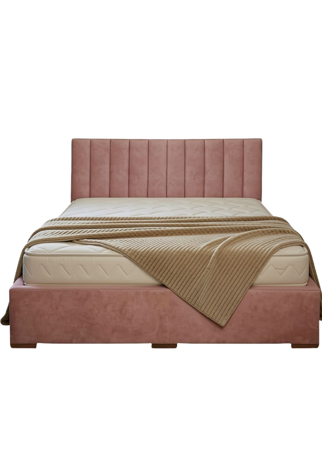 A bed with a headboard featuring vertical lines. A pink bed with a linen box and a mattress. Upholstered beds made in Latvia.