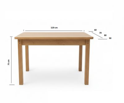 Solid wood dining table 120: length 80 cm, width 60 cm or 70 cm, or 80 cm, or 90 cm. Height 75 cm. Various shades.