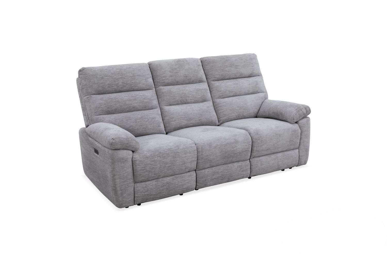 Modern gray fabric recliner sofa with electric adjustment (LAF PWR and RAF PWR), a 3-seater comfort sofa with a footrest