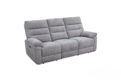 Modern gray fabric recliner sofa with electric adjustment (LAF PWR and RAF PWR), a 3-seater comfort sofa with a footrest