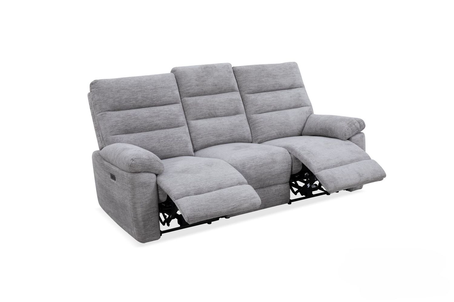 Modern gray fabric recliner sofa with electric adjustment (LAF PWR and RAF PWR), a 3-seater comfort sofa with a footrest