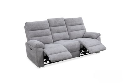 Modern gray fabric recliner sofa with electric adjustment (LAF PWR and RAF PWR), a 3-seater comfort sofa with a footrest