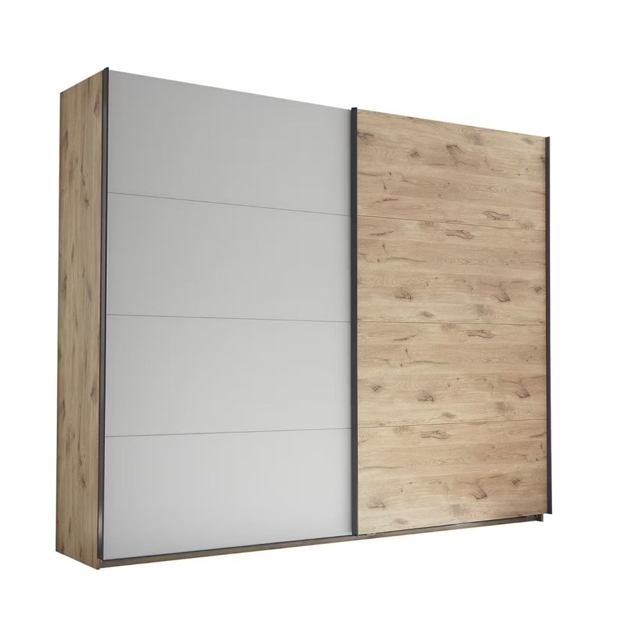 Cabinet with sliding doors. Height: 226 cm
Depth: 62 cm
Width: 270 cm
Color: Viking Oak / Light Gray
Laminate