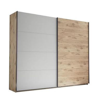 Cabinet with sliding doors. Height: 226 cm
Depth: 62 cm
Width: 270 cm
Color: Viking Oak / Light Gray
Laminate
