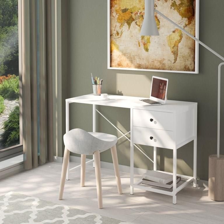 White compact desk with drawers and a metal mesh shelf by Leonleo, featuring a metal frame. Dimensions: 107 × 45 × 79 cm
