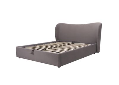 Gray bed with a storage compartment and a curved headboard. For 160 x 200 cm or 180 x 200 cm mattress. Removable box  ground.