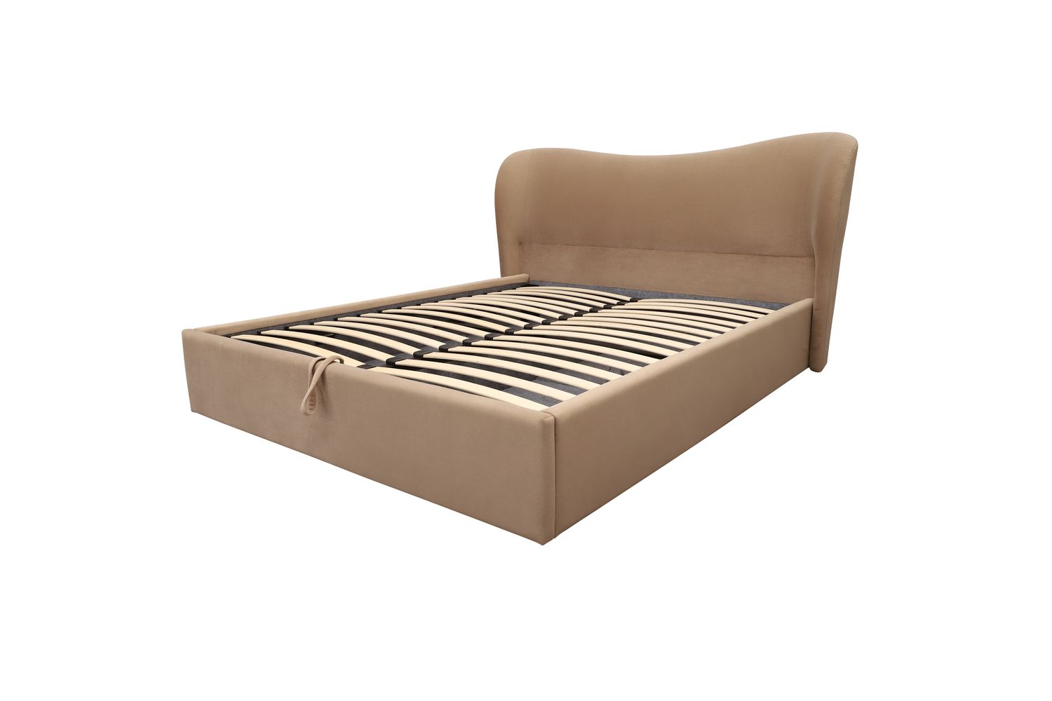 Beige bed with a storage compartment and a curved headboard. For 160x200 cm or 180x200 cm mattress. Removable box  ground.