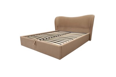 Beige bed with a storage compartment and a curved headboard. For 160x200 cm or 180x200 cm mattress. Removable box  ground.
