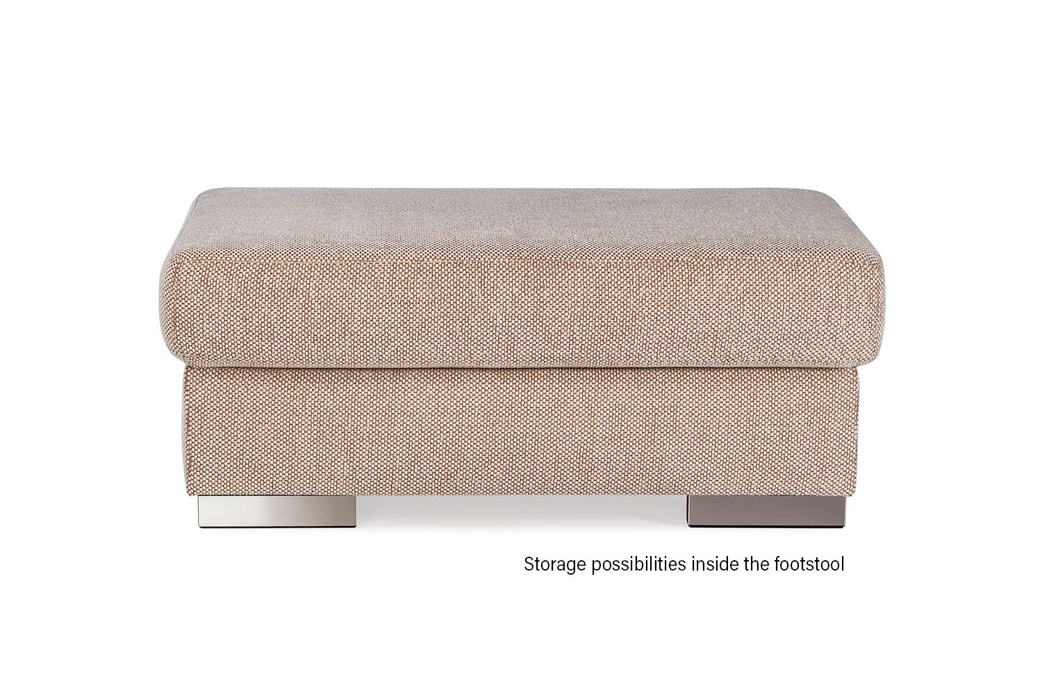 Bellus Jumbo ottoman with a storage compartment and stainless steel legs. Ottomans available with a choice of fabric/leathers