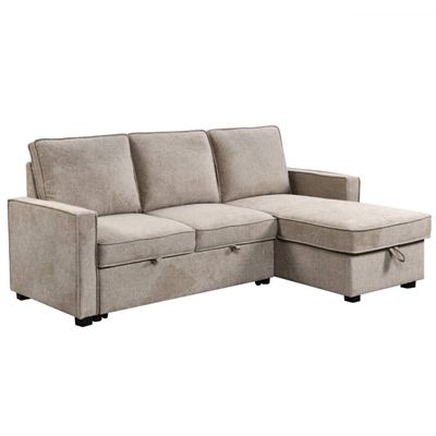 Beige pull-out sofa with a storage compartment. Universal corner: right or left. Dolphin mechanism, Burlap fabric.