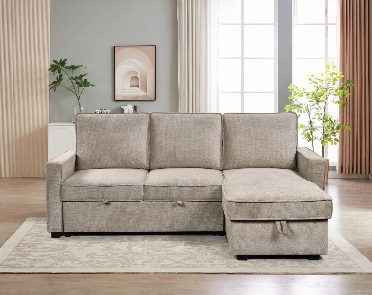Beige pull-out sofa with a storage compartment. Universal corner: right or left. Dolphin mechanism, Burlap fabric.
