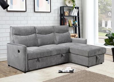 Pull-out corner sofa with storage compartment. Right/left. Pocket springs. USB charging port. Light gray, dark gray, beige