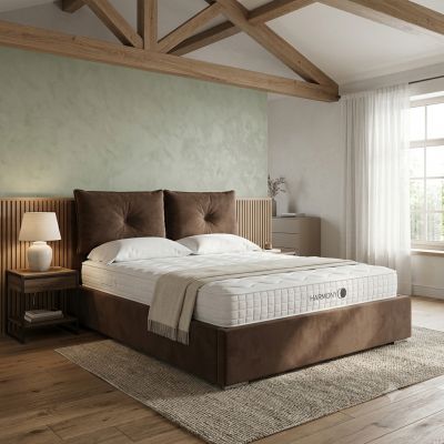 Brown velvet bed with a pillow-top headboard and a storage box. Dimensions: 160 x 200 cm, 180 x 200 cm. Modern beds Jelgava