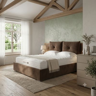 Brown velvet bed with a pillow-top headboard and a storage box. Dimensions: 160 x 200 cm, 180 x 200 cm. Modern beds Jelgava