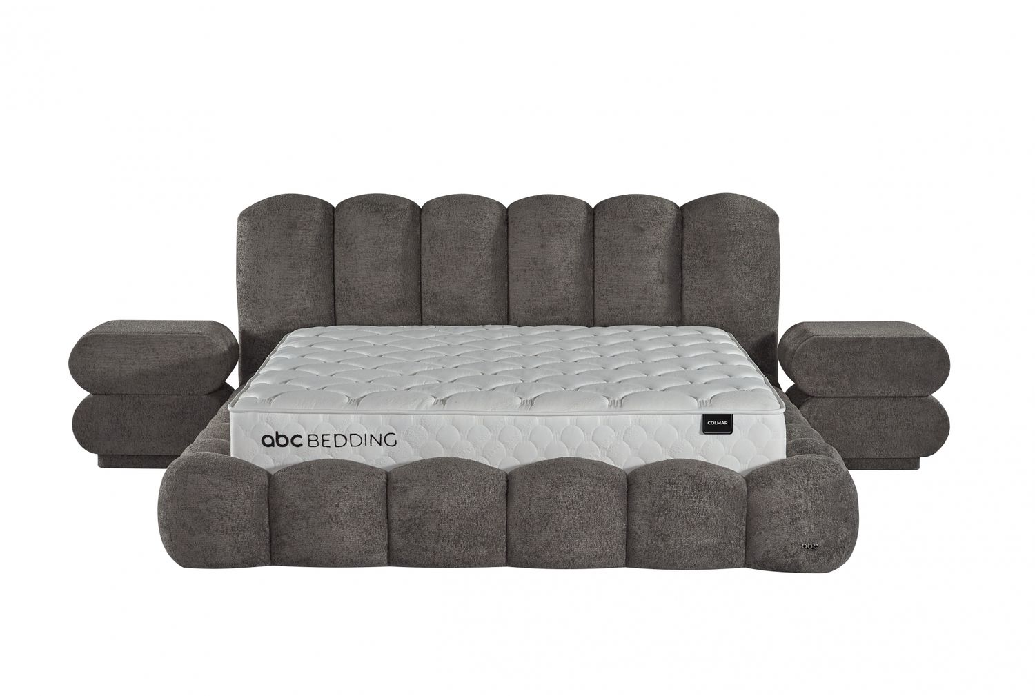 Colmar bed with storage and mattress, featuring a soft quilted headboard and rounded padded sides.