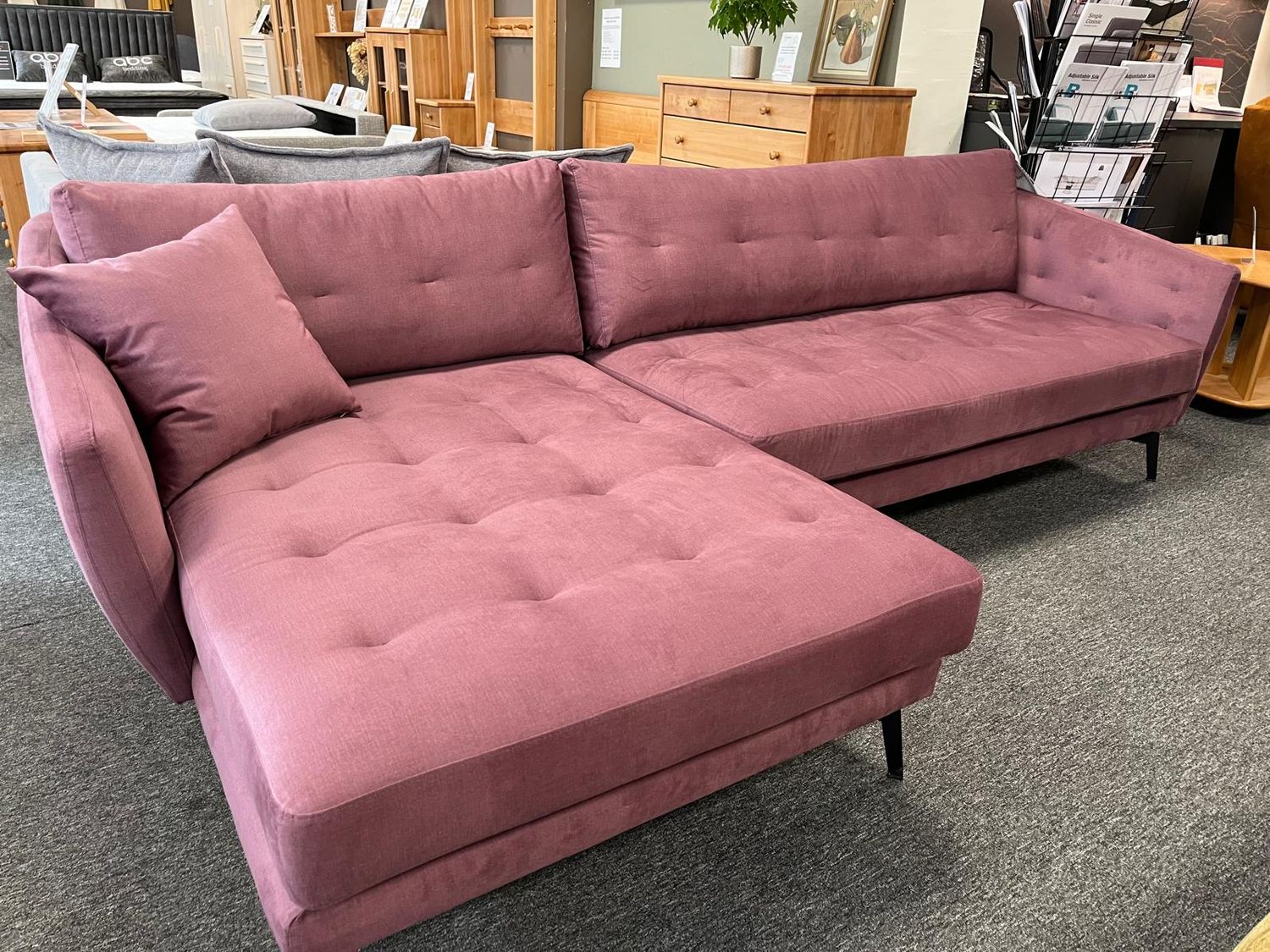 A Bellus designer sofa, Scandinavian modern style, the pink “Ego” lounge sofa with black metal legs. On sale. 