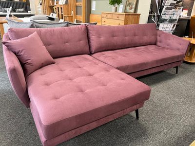 A Bellus designer sofa, Scandinavian modern style, the pink “Ego” lounge sofa with black metal legs. On sale. 