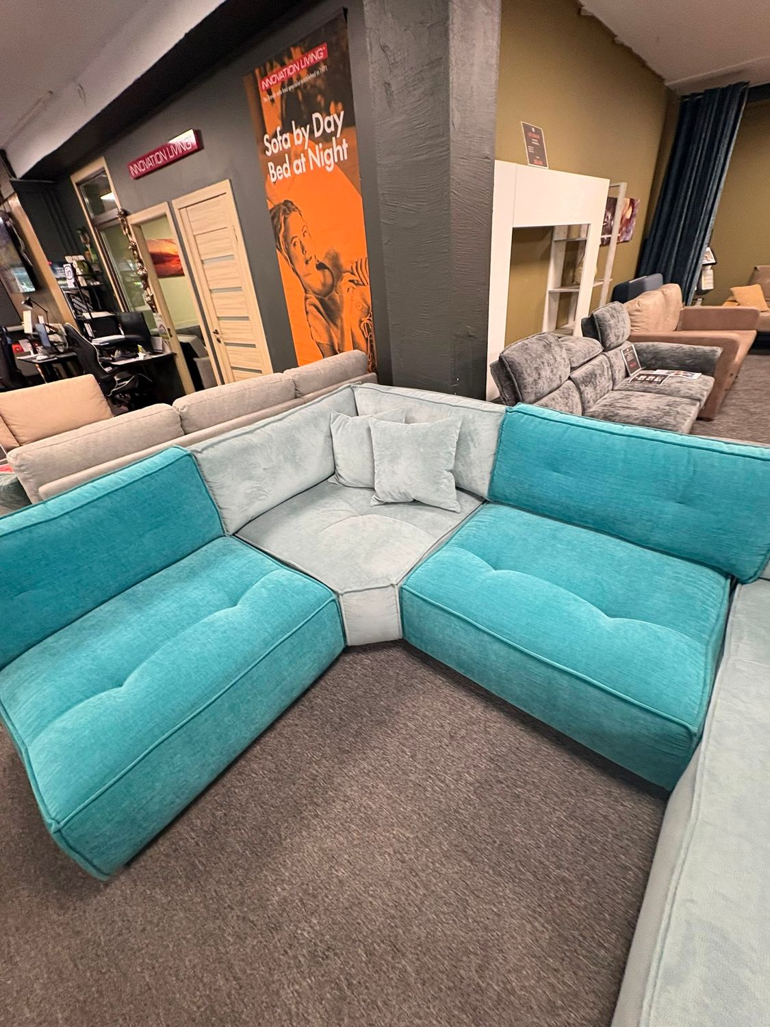 Bellus Levi modular sofa display model with 7+ configurations and Cloud System comfort system.