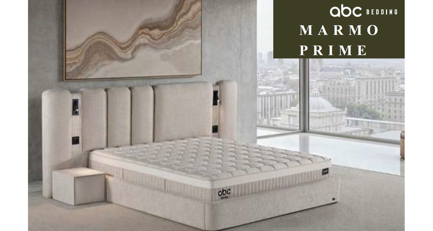 Marmo Prime bed set with mattress, lifting mechanism, storage compartment and illuminated headboard.