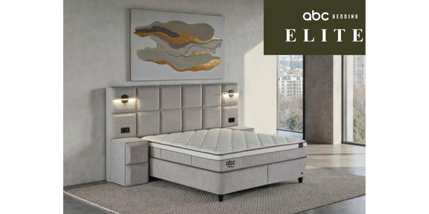 Elite bed set with mattress, lifting mechanism, storage compartment, soft padded headboard and integrated lighting.