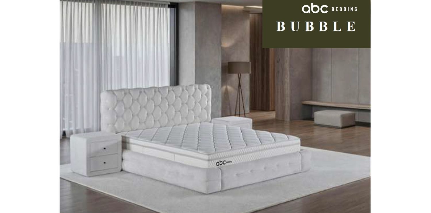 Bubble bed set with mattress, lifting mechanism, storage compartment, quilted headboard and upholstered sides.