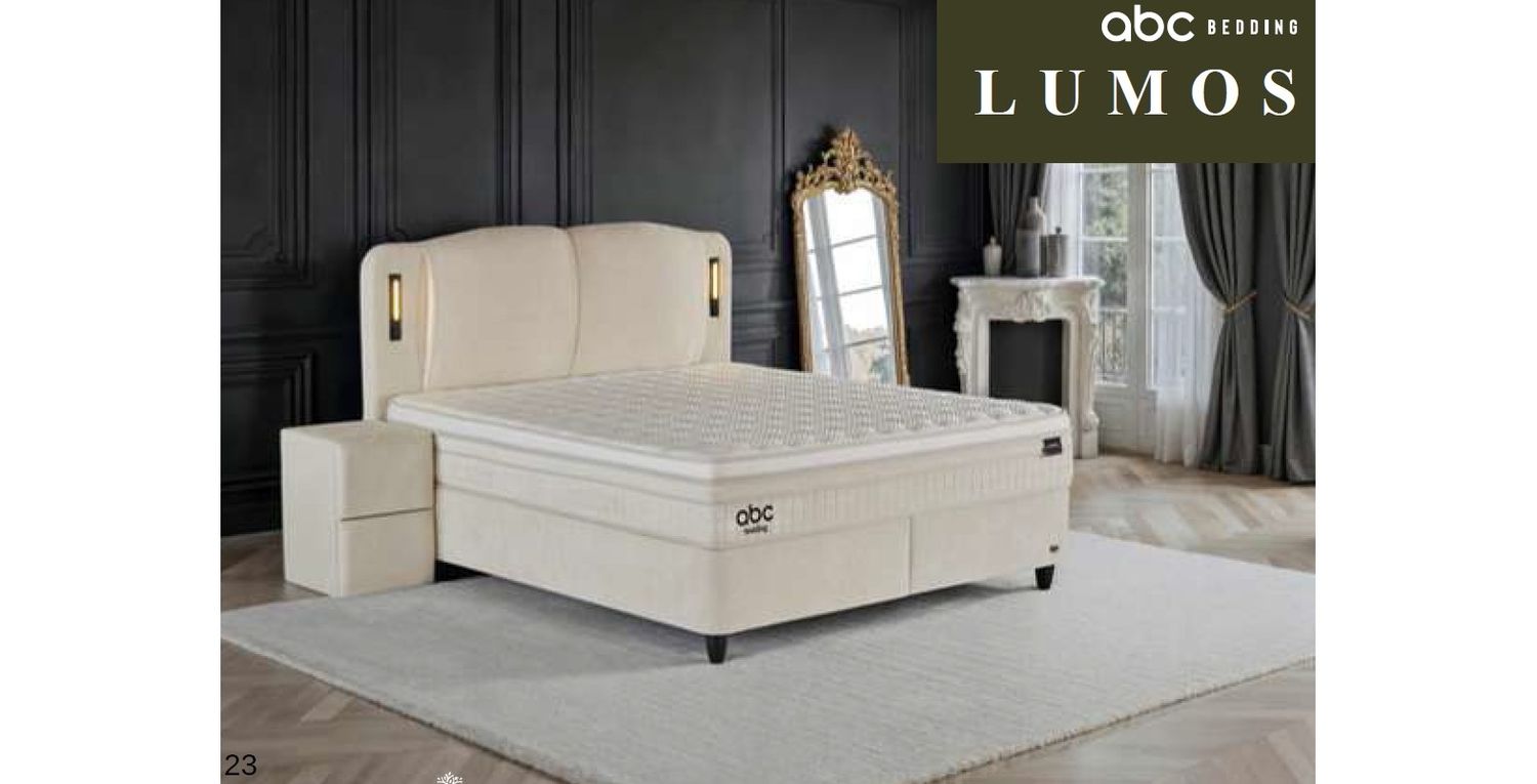 Lumos bed set with a soft illuminated headboard, storage box, lifting mechanism and 30 cm Pocket spring mattress.