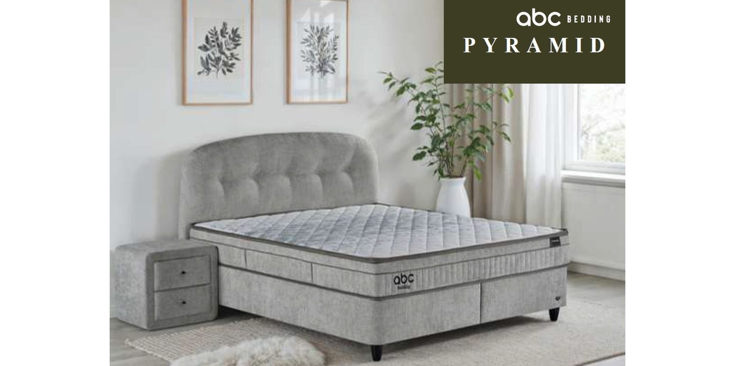 Pyramid bed set with soft headboard, rounded upholstered sides, storage box and mattress