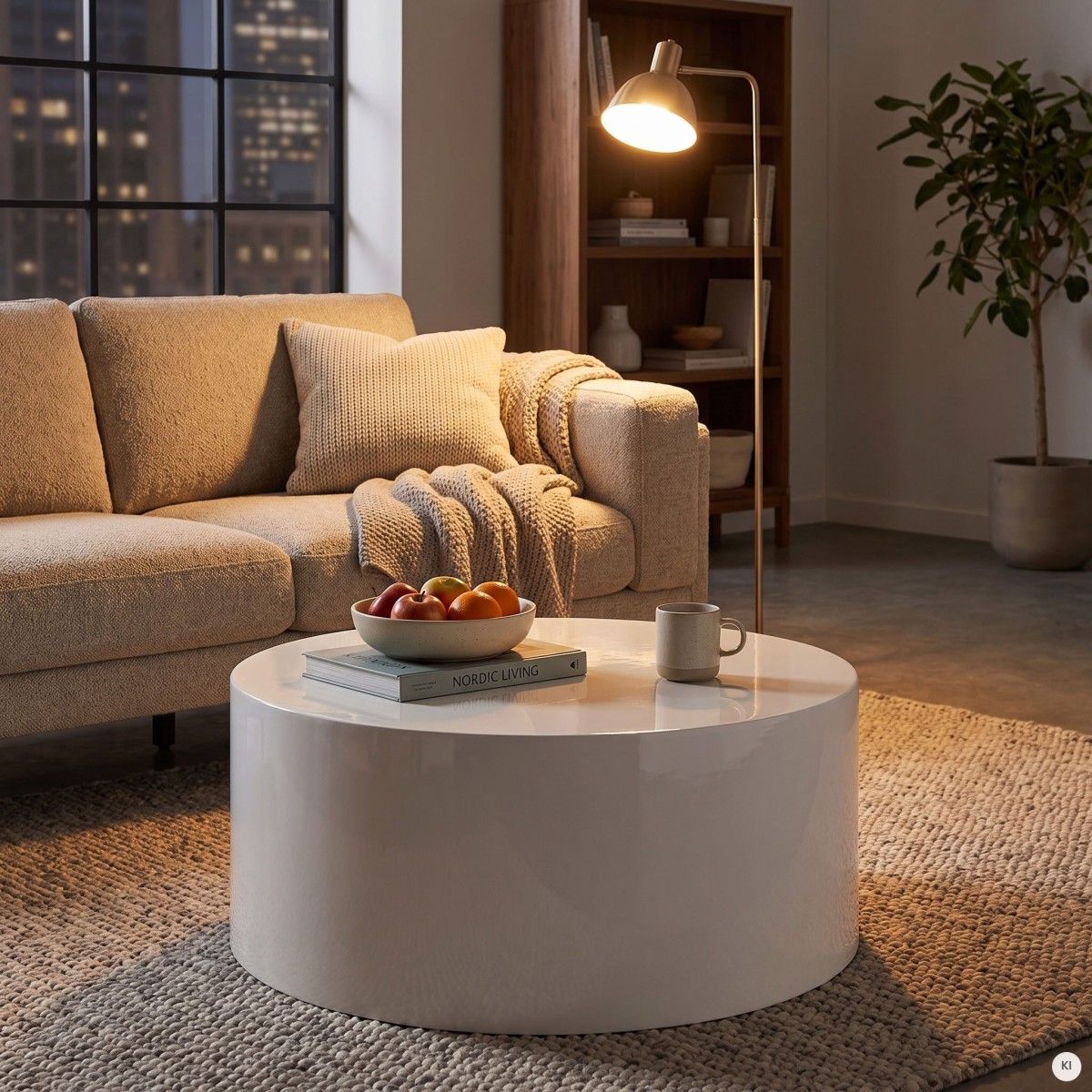 A white, glossy, round coffee table made of MDF and fiberglass.  Height 30 cm, diameter 60 cm. Coffee tables in Jelgava