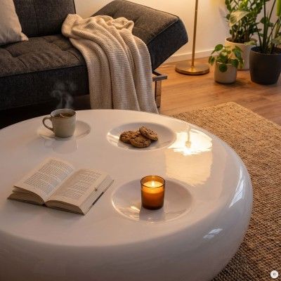 White fiberglass round coffee table, 100 cm in diameter, 36 cm high. Coffee tables in Jelgava.