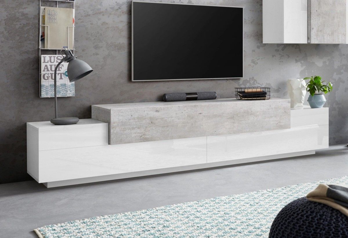 TV6 TV stand, 200 cm wide, featuring a glossy white and concrete-effect finish, made from FSC®-certified wood-based material 