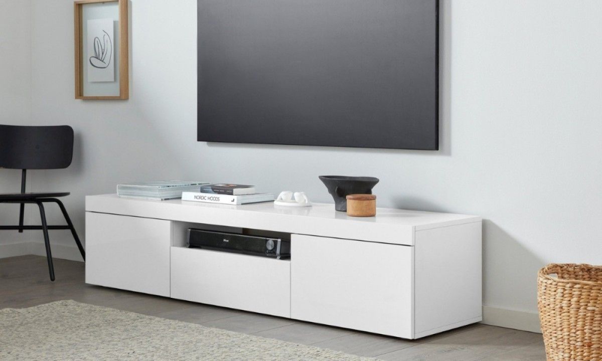 TV5 TV stand in white and glossy white finishes, 160 cm wide, made in Italy.