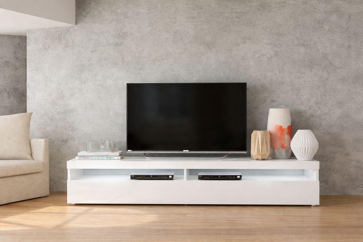 TV7 TV stand in white and high-gloss white, 200 cm wide, 36.2 cm high and 45 cm deep.