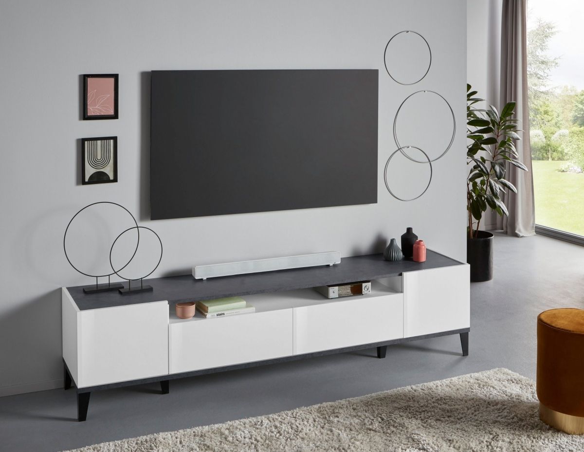 TV11 TV cabinet Sunrise with a glossy white and grey concrete finish, 200 cm wide, 47 cm high and 40 cm deep.