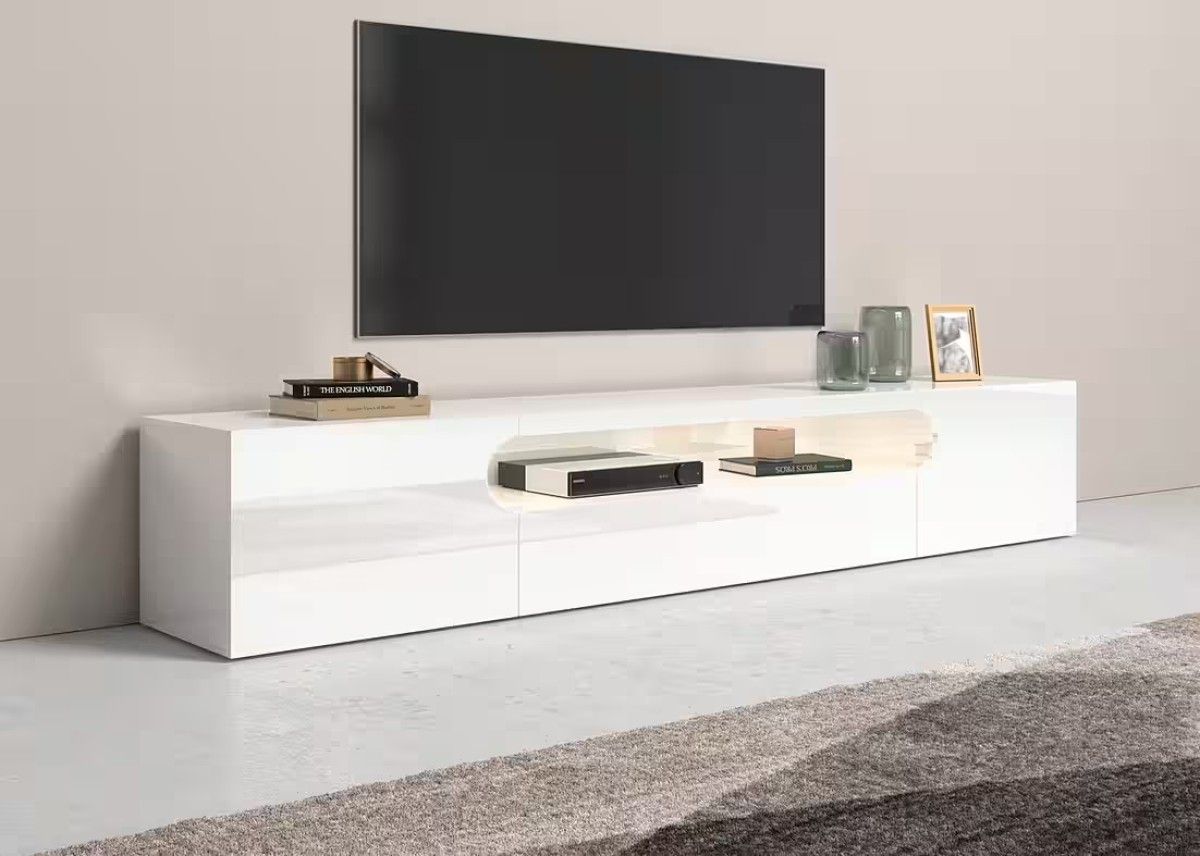 TV10 TV cabinet Real in white and high-gloss white, 240 cm wide, 40 cm high and 40 cm deep.