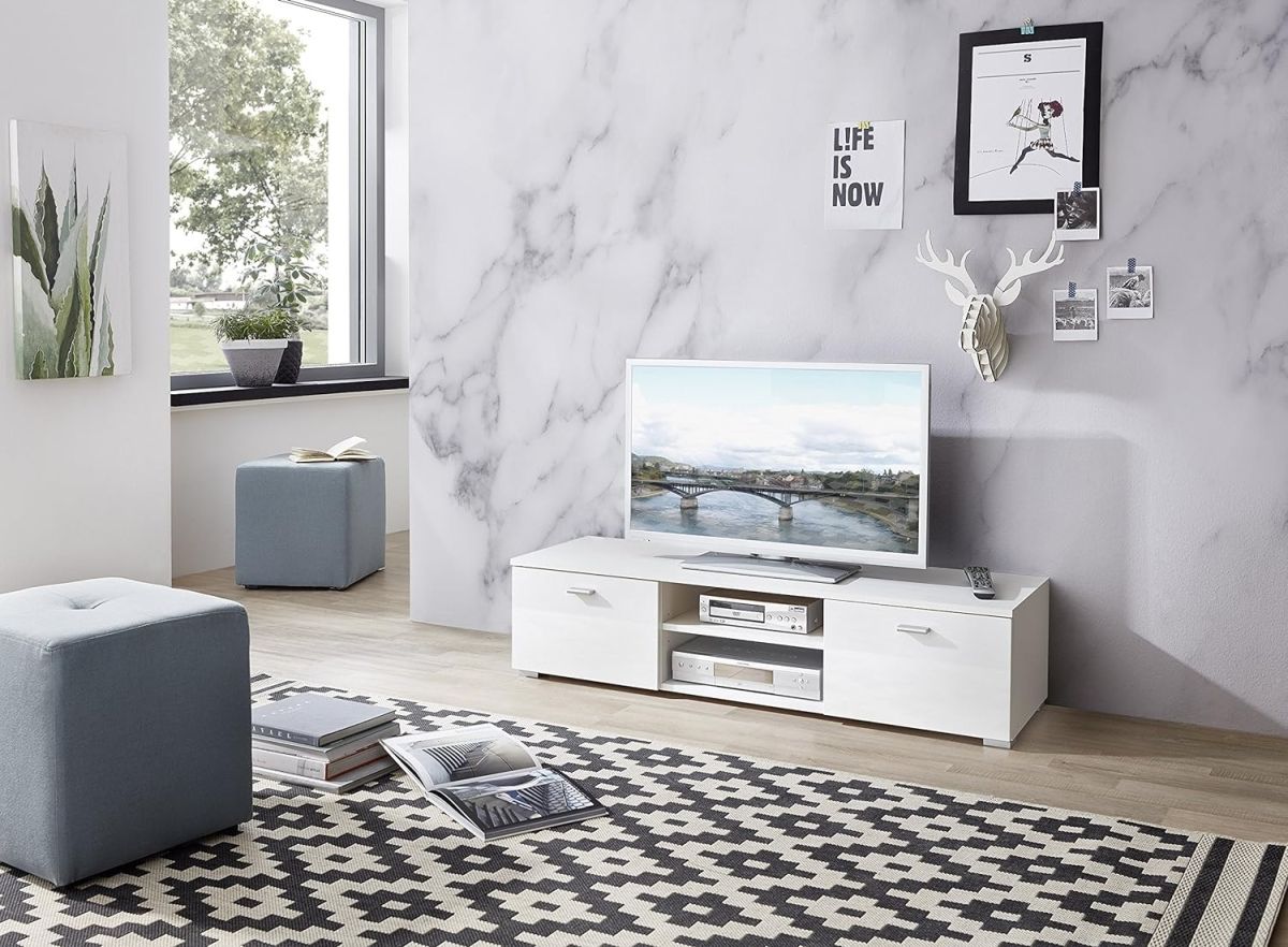 TV13 TV Cabinet with a matte white body and glossy white doors, 120 cm wide.