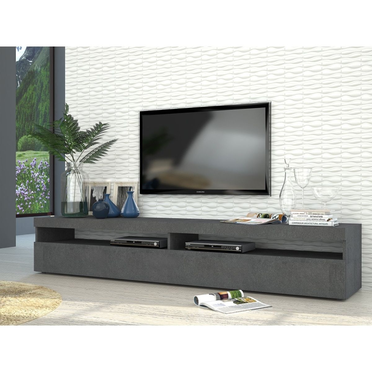 TV17 TV Cabinet in Zement finish, 200 cm wide, 45 cm deep and 36.2 cm high.