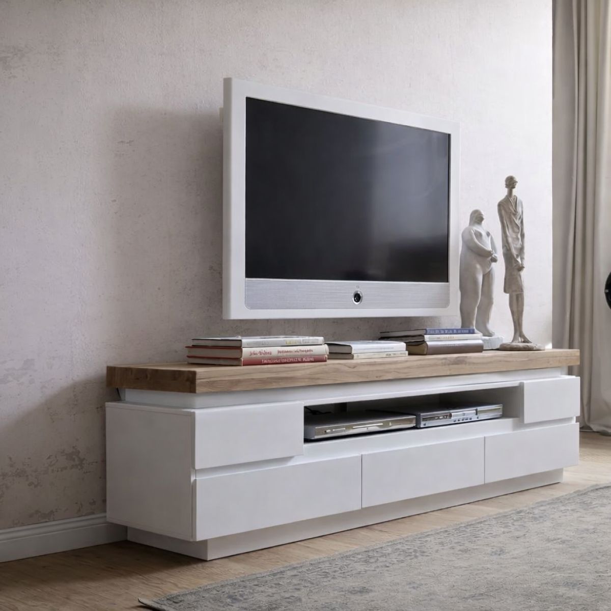 TV14 TV Cabinet with a matte white finish and solid oak details, 175 cm wide, without LED lighting.