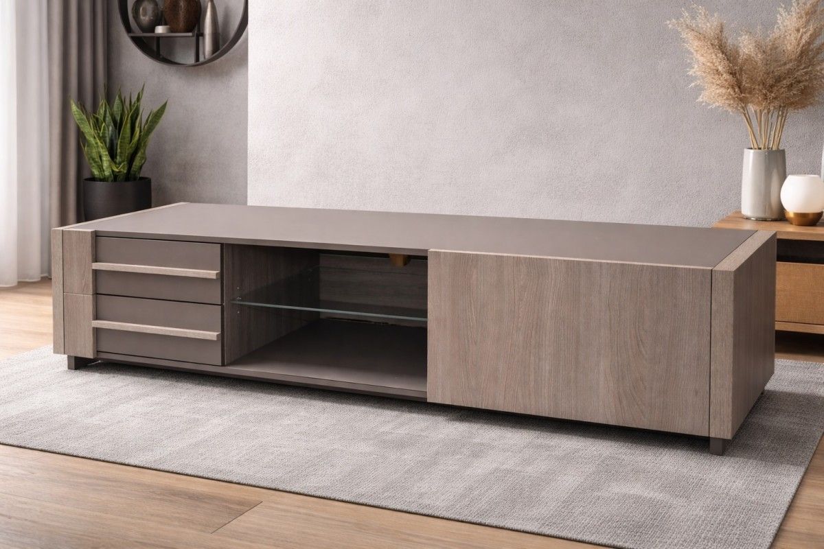 TV16 TV Cabinet in dark oak / Lawa finish with LED lighting, 160 cm wide.