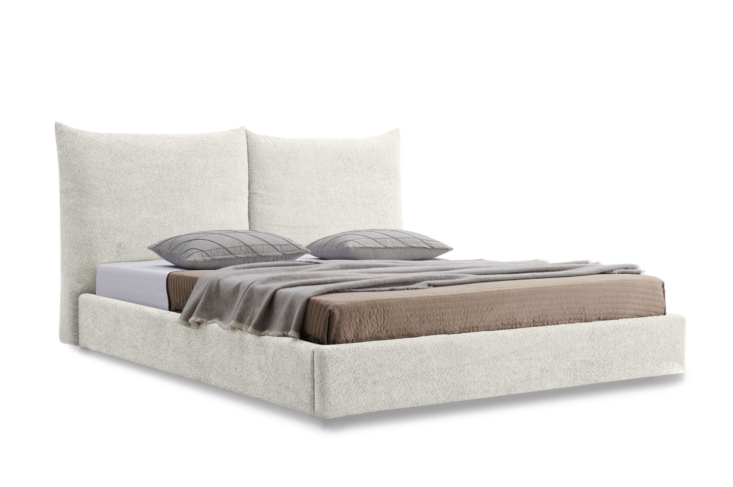A light, beige-white bed with a storage drawer and a curved headboard. Bed sizes: 140 x 200 cm, 160 x 200 cm, 180 x 200 cm. 