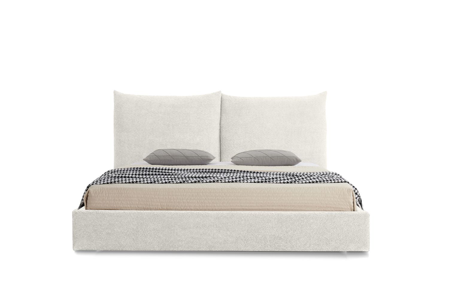A light, beige-white bed with a storage drawer and a curved headboard. Bed sizes: 140 x 200 cm, 160 x 200 cm, 180 x 200 cm. 