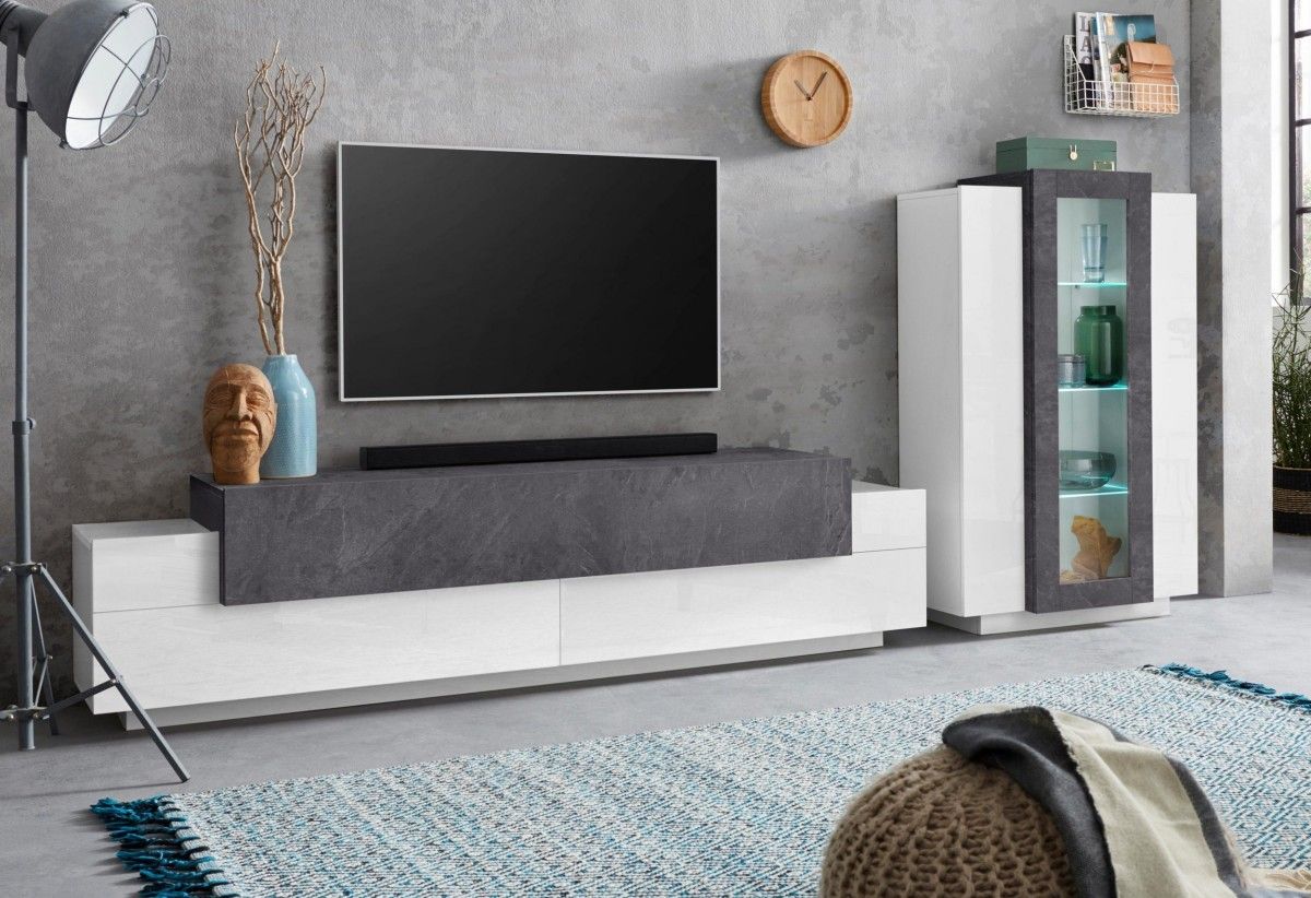 SE1 wall unit with a glossy white finish and grey concrete-coloured elements, 280 cm wide.