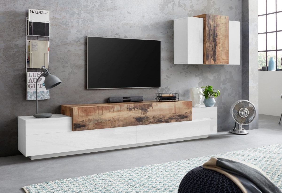SE2 wall unit in glossy white and Ahorn, width 240 + 90 cm.