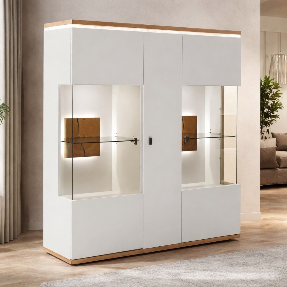 VI1 display cabinet in soft white with oak elements, made from solid oak and MDF.