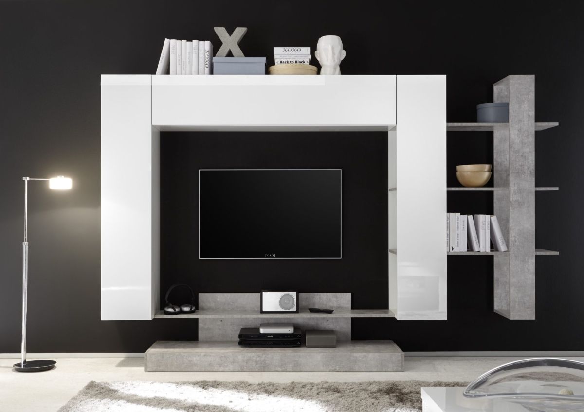 SE3 wall unit with matte white, glossy white and concrete-coloured finishes, 260 cm wide.