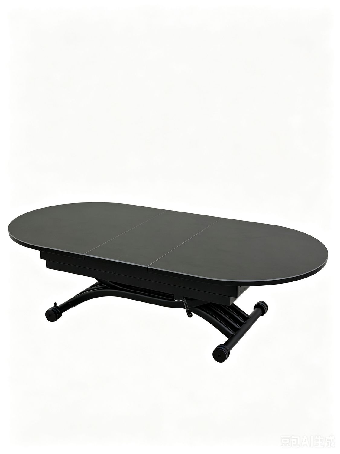  Height-adjustable extendable table B with a ceramic and MDF tabletop, black metal base and wheels.
