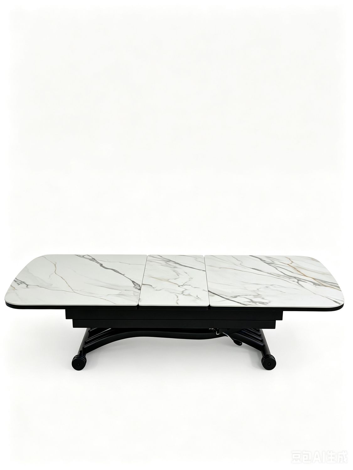 MILAN height-adjustable extendable table with a rounded ceramic and MDF tabletop, black metal cross-frame base and wheels.